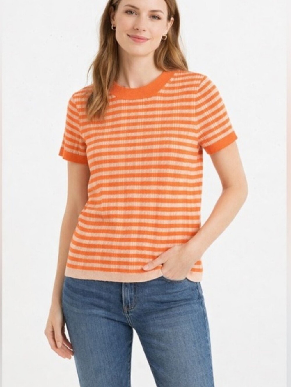 Madewell Ringer Sweater Tee in Neon Stripe Size L Orange
